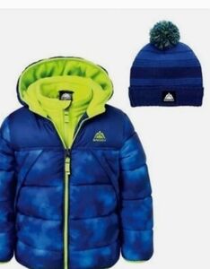 SNOZU Navy Blue/Camo/Neon Green Puffer Hooded Jacket Quilted Pockets